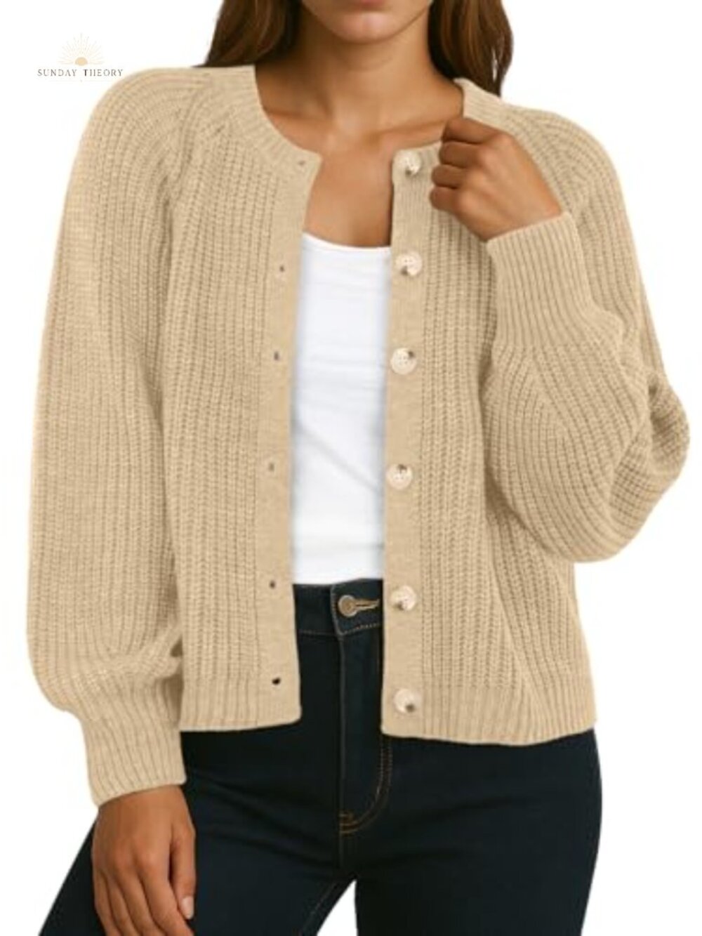 Chunky Knit Cardigan Sweater Button Front Crew Neck Long Sleeve Women's